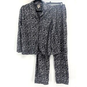 Anne Klein Gray Leopard Fleece Button Up Collared Cozy Pajama Set Size Large